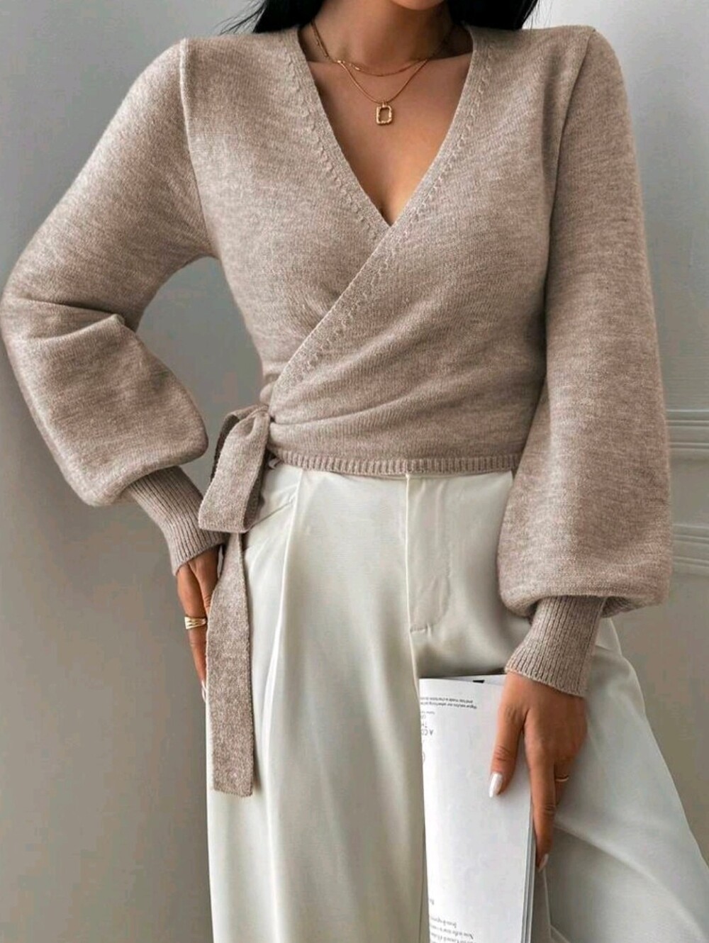 New Chic Wrap Knit Sweater Top Bishop Long Sleeve Khaki Tan